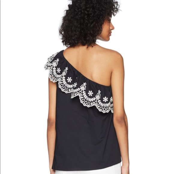 New KATE SPADE One Off Shoulder Eyelet Ruffle Blouse Top Cotton Black White Sz S - Picture 9 of 15
